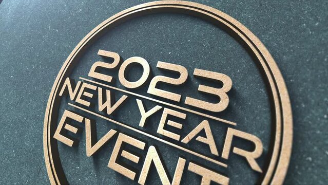 3D animation of 2023 New Year goldent chrome text cinematic title. Ending cover for end scence trailer winter snow, Christmas and New year event background
