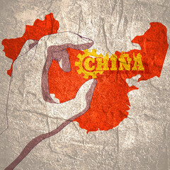 Hand holding China country name with gear icon. Red map of China