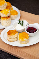 Homemade British Scones with clotted cream and raspberry jam 