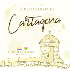 post de redes sociales para la celebración de la independencia de Cartagena de indias,  Baluarte San Ignacio de Loyola, ilustración vintage en acuarela tipo boceto