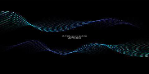 Flowing particles wave pattern, blue and green color isolated on black background. Vector in concept of AI technology, science, music.