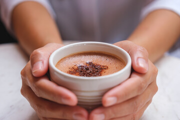 Closeup image of hands holding a cup of hot chocolate