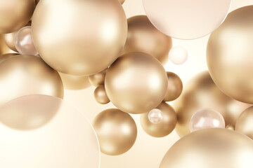 Bubbles gold sphere float frosted glass circle blurred, crystal balls shine on light gold backdrop. Display luxury elegant advertising cosmetic beauty product or skin care background. 3D Illustration.