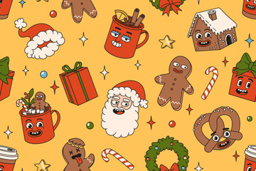 Merry Christmas and Happy New year seamless pattern. Santa Claus, gifts, cocoa, coffee, gingerbread in trendy retro cartoon style. Textile, wrapping paper, wallpaper with funny comic characters.