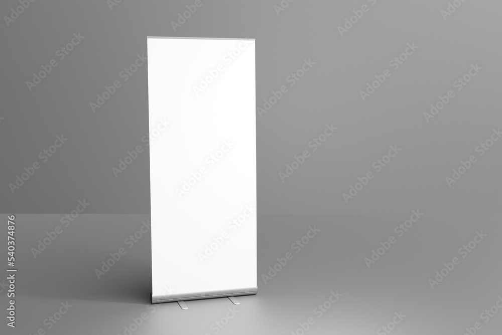 Canvas Prints blank white roll-up banner display mockup on dark background, isolated, 3d rendering