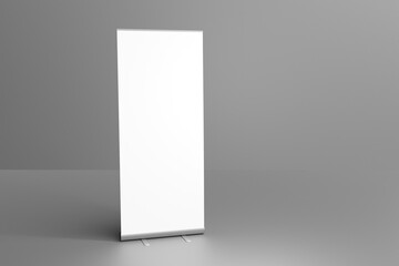 Blank white roll-up banner display mockup on dark background, isolated, 3d rendering