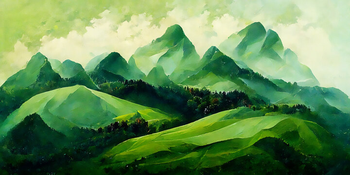 beautiful landscape of green mountains and fields, 3D Illustration