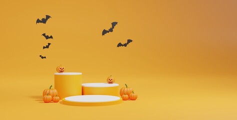 Background 3d renders Halloween color with gravestone,bats Podium. Stage product. Halloween concept. Product background abstract stage geometric shape Halloween concept.The stage for a product