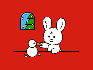 雪だるまを作るうさぎのイラスト