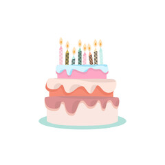 Birthday Cake with candles. Big cake flat icon isolated white background - Happy Birthday.