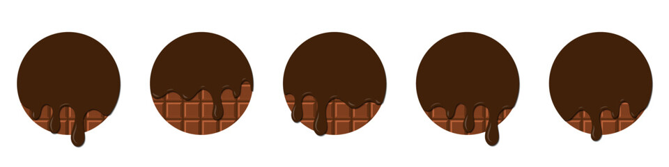 Set of chocolate drops. Dripping melted chocolate. Realistic melted chocolate. Chocolate drops. Melting Chocolate. Brown liquid dessert, sweet drip melt. Vector illustration