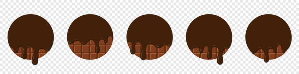 Set of chocolate drops. Dripping melted chocolate. Realistic melted chocolate. Chocolate drops. Melting Chocolate. Brown liquid dessert, sweet drip melt. Vector illustration