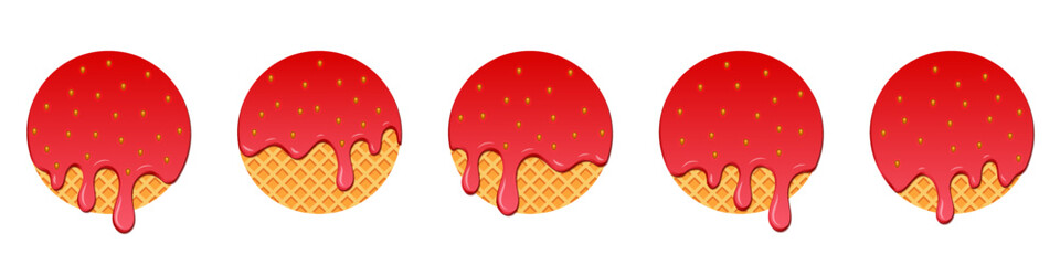 Set of strawberry drops. Dripping melted strawberry. Realistic melted strawberry. Strawberry drops. Melting strawberry. Red liquid dessert, sweet drip melt. Vector illustration