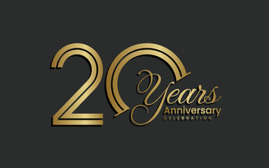Obraz na płótnie Canvas 20th Anniversary logo design. Twenty years Celebrating Anniversary Logo in gold color for celebration event, invitation, greeting, web template, flyer, banner, Double line logo, vector illustration