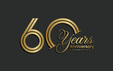 60th Anniversary logo design. Sixty years Celebrating Anniversary Logo in gold color for celebration event, invitation, greeting, web template, flyer, banner, Double line logo, vector illustration