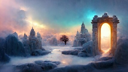Magical portal on winter landscape fairy tale backgroun. 3d rendering. Raster illustration. - obrazy, fototapety, plakaty