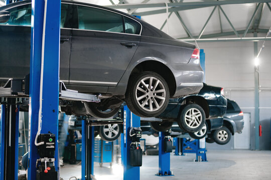 cars raised on car lifts located in the workshop of a car service