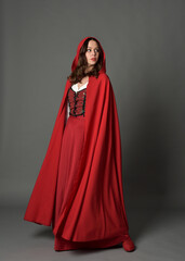 Full length portrait of beautiful brunette woman wearing red medieval fantasy costume with long...