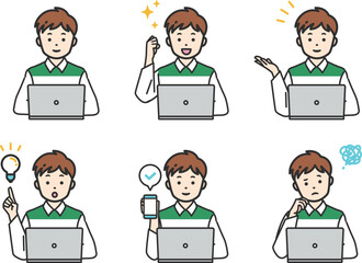 ノートパソコンを操作するシンプルタッチの小学生の男の子のセット