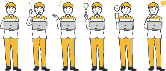 ノートパソコンを操作するシンプルタッチの小学生の男の子のセット