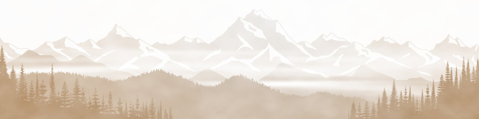 Sunrise in the mountains, ridge in the morning fog, sepia tones, panoramic view - obrazy, fototapety, plakaty