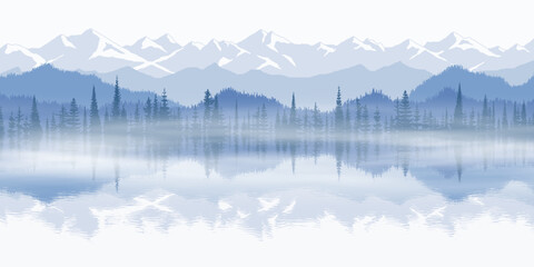 Sunset on the lake, picturesque reflection. Mountain landscape, panoramic view of ridges and forest in fog, vector illustration. - obrazy, fototapety, plakaty