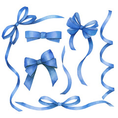 Watercolor set of isolated blue bows on white background. Ribbons collection. Hand drawn sketch illustration - 540383829