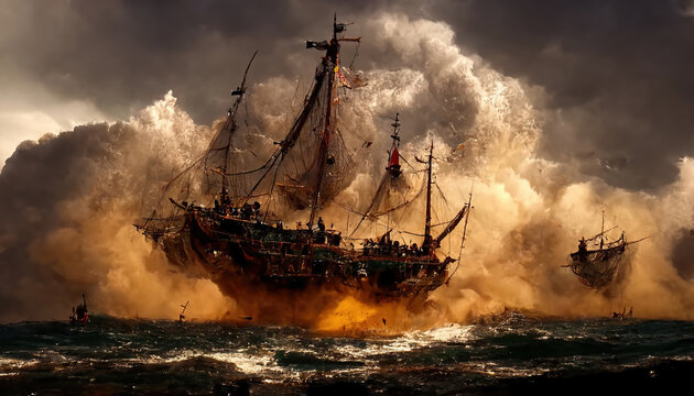 AI generated image of a pirate ship fighting the Spanish armada 