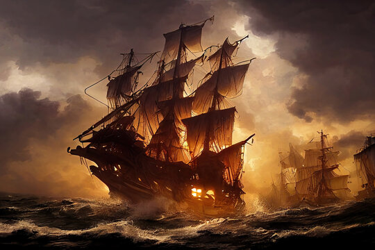 AI generated image of a pirate ship fighting the Spanish armada 