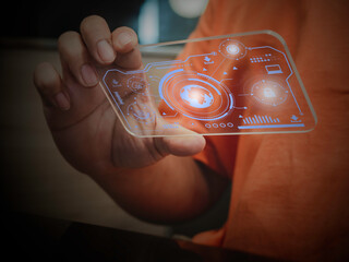 Businessman press on digital screen interface big data analytics and business intelligence (BI) concept for system engineering, binary code programming, business strategy concept.