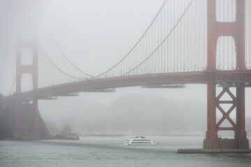 Close up view of the Golden Gate bridge on a foggy day,California