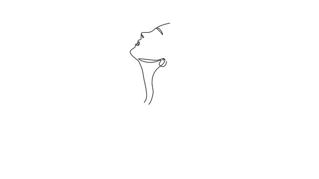 A Portrait of a woman is drawn in a one line art style. Hand drawn digital animation. Black lines on a white background.