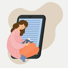 Girl reading e-book, read on phone, tablet