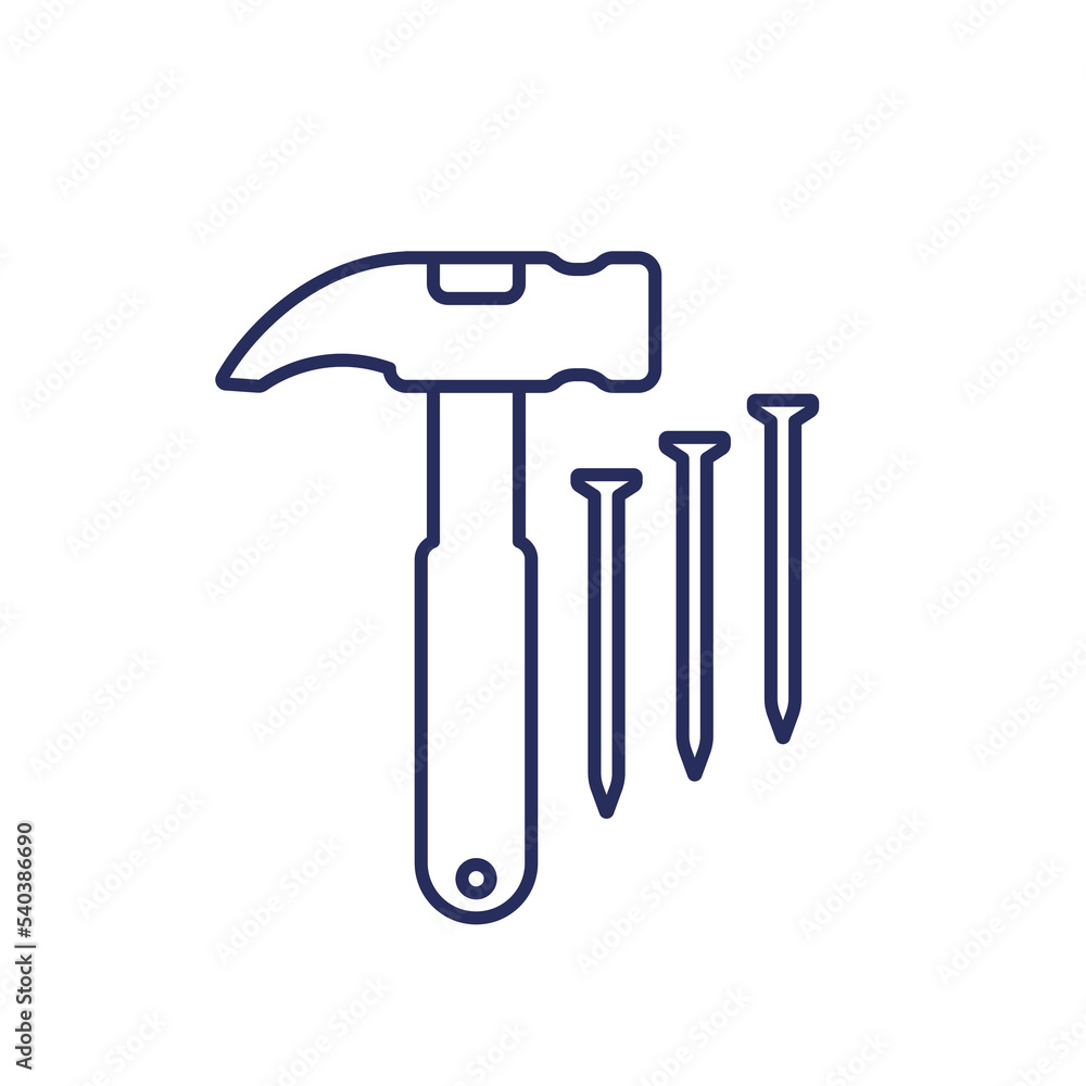 Sticker hammer and nails line icon on white