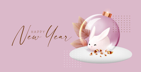Happy New Year celebration template with glass glossy 3D ball, snow and cute rabbit.