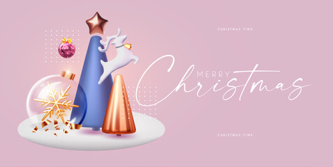 Happy New Year banner with minimal Christmas trees, deer and glass ball with snowflake. 3D design.