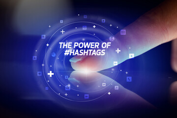 Finger touching tablet with social media icons concept concept