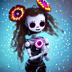 Day of the Dead Cute Robots, Dia de los Muertos, numerous androids with Day of the Dead festival markings and decorative flowers