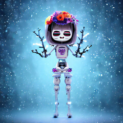 Fototapeta premium Day of the Dead Cute Robots, Dia de los Muertos, numerous androids with Day of the Dead festival markings and decorative flowers