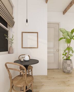 3d rendering home interior dining room with wood chair,black round table,pendant light ,ceramic vase plant,wooden floor ,roman blind ,window ,door,empty frame ,beam ,pot and white wall.