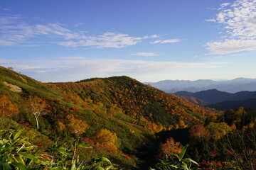 紅葉に色づく山肌