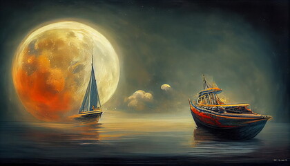 Boat on the sea with a full moon. Illustration as a background, postcard or mural.