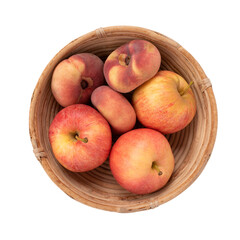 Apple and peaches. Fresh food. Basket of fruits. Isolated. Top view. Precision cut and impeccable finish that allows the addition of different and colored backgrounds.