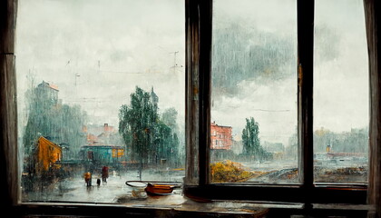 A rainy day with a view out of the window as digital art. Illustration as a background, postcard or mural.