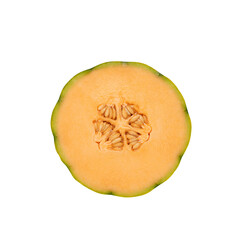 Melon. Fruit. Fresh food. Isolated. Half cut melon. Top view. Precision cut and impeccable finish that allows the addition of different and colored backgrounds.