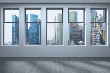 Naklejka na ściany i meble Empty room Interior Skyscrapers View. Downtown Singapore City Skyline Buildings from High Rise Window. Beautiful Expensive Real Estate overlooking. Day time. 3d rendering.