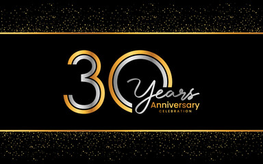 30th Anniversary Logotype. Golden Anniversary logo design in golden color for celebration event, invitation, greeting card, flyer, banner, poster, double line logo, vector illustration