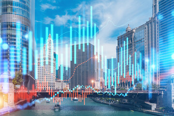 Skyscrapers Cityscape Downtown View, Chicago Skyline Buildings. Beautiful Real Estate. Day time. Forex Financial graph and chart hologram. Business education concept.