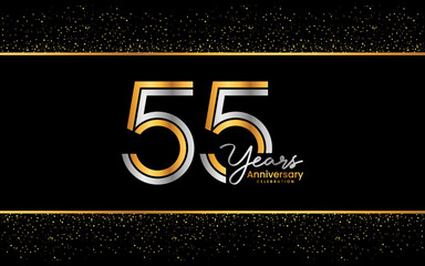 55th Anniversary Logotype. Golden Anniversary logo design in golden color for celebration event, invitation, greeting card, flyer, banner, poster, double line logo, vector illustration