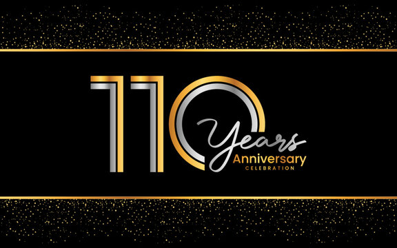 110th Anniversary Logotype. Golden Anniversary logo design in golden color for celebration event, invitation, greeting card, flyer, banner, poster, double line logo, vector illustration
